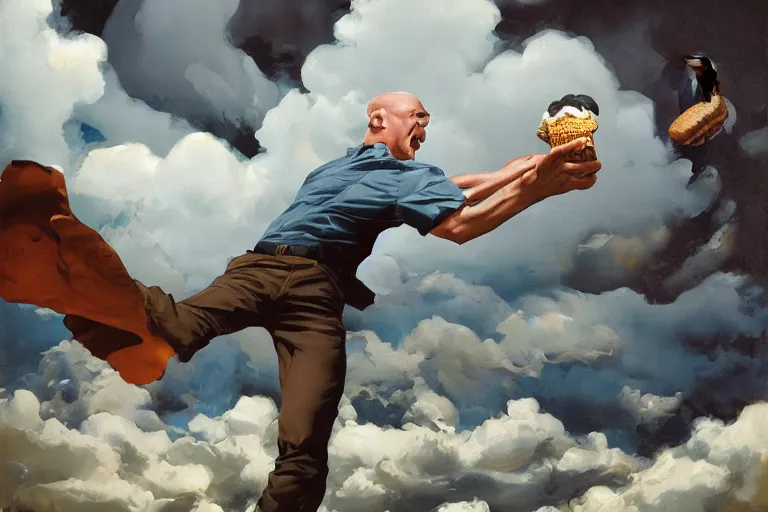 Prompt: best ice cream in the world, dynamic camera angle, deep 3 point perspective, fish eye, dynamic extreme foreshortening of the ice cream, dramatic stormy clouds by phil hale, ashley wood, geoff darrow, james jean, 8k, hd, high resolution print