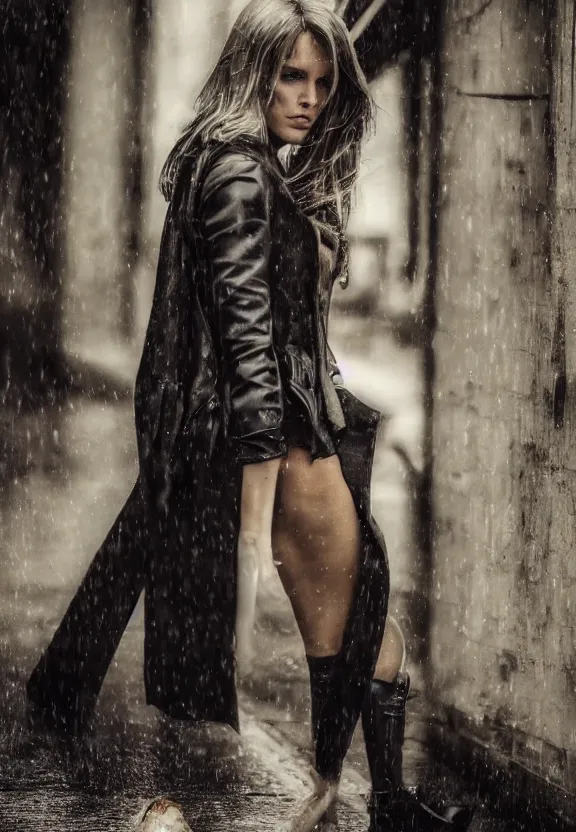 Image similar to cute model annie leonhart posing in dunwall city, beautiful face, detailed face, realistic eyes, cinematic lighting, rainy weather, melancholy atmosphere, volumetric light, gothic architecture, realistic reflections, model agency, instagram photo, depression atmosphere, shot on sony a 7, beauty filter, postprocessing