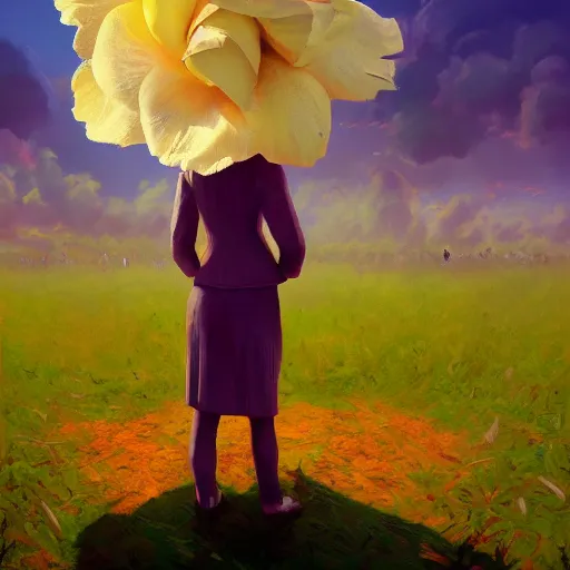 Image similar to closeup, giant rose flower head, frontal, girl in a suit, surreal photography, sunrise, dramatic light, impressionist painting, digital painting, artstation, simon stalenhag