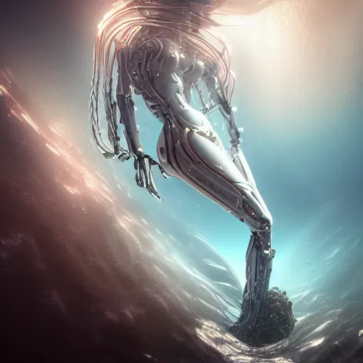 Image similar to biomechanical mecha white mermaid underwater, rays of light. Style of westworld, cables, lights, searchlight, weta digital, octane render, insane details, ultra realistic, beatifully lit, reflections