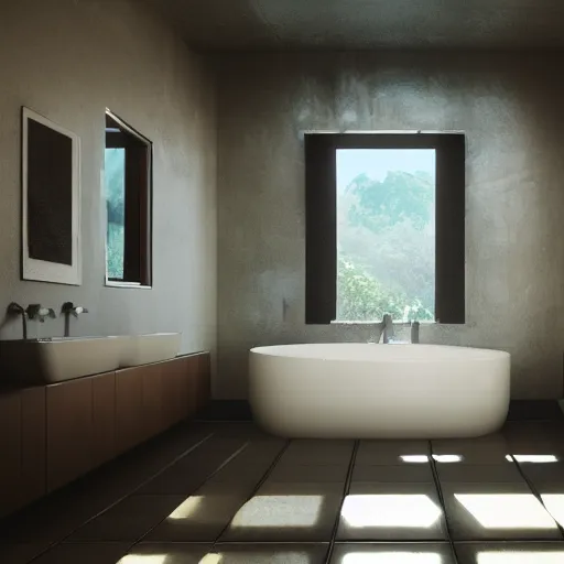 Image similar to exotic bathroom, super liminal space, cinematic, ray traced, octane render, cinematic lighting, ultrarealistic, featured on artstation, 8 k uhd artwork