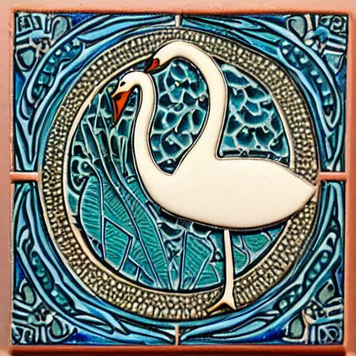 Image similar to beautiful detailed tile design, ceramic paint closeup, depicting swan and waterlily