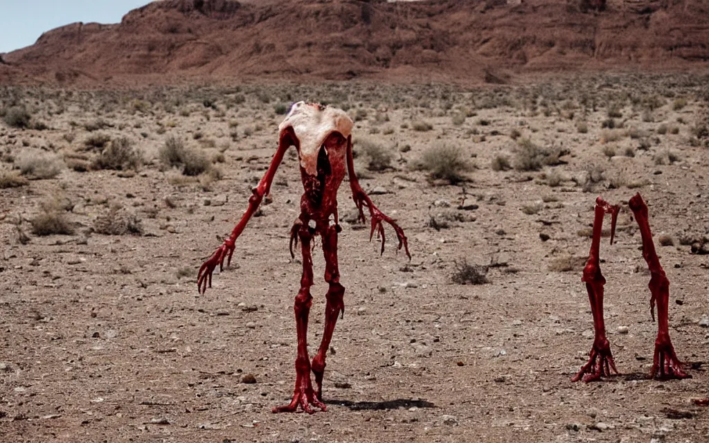 Image similar to in the desert a bloody gross horrifying The Thing creature made of muscle and bone and blood stares at the camera, eating, it walks on two legs, mid day, 35mm photography, realistic,