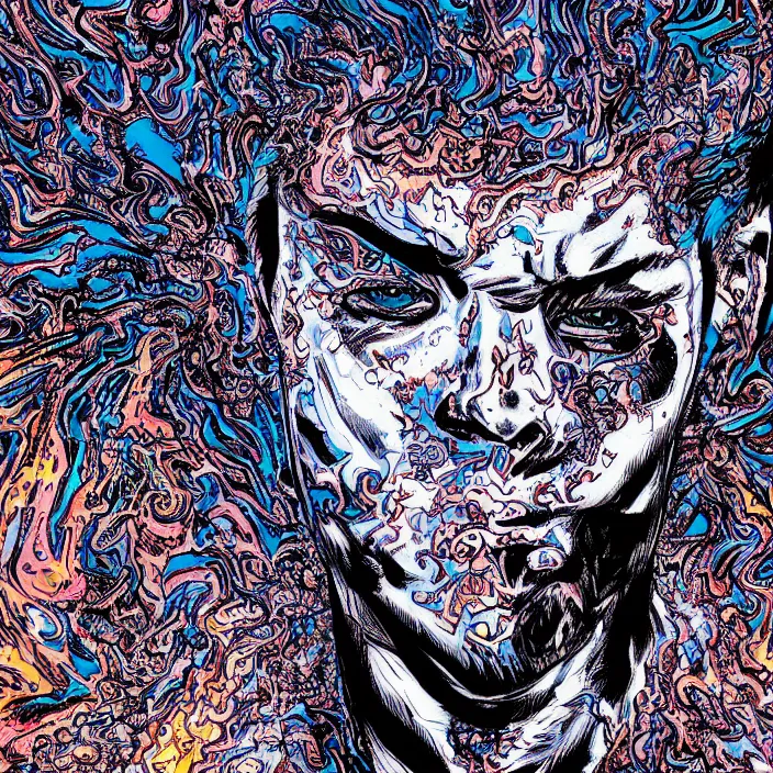 Image similar to trippy comic book artwork of a man's face exploding into particles of sand, very detailed, 8k