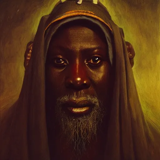 Prompt: yoruba priest | highly detailed oil painting, hyperrealistic, very intrincate | cinematic lighting, award - winning | by rachel ruysch, giger, beksinski and bocklin | by austin osman spare and william blake, trending on artstation, cgsociety, official art, octane.