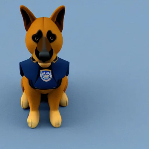 Prompt: police dog german sheperd, 3 d model, cartoony, 4 k, artstation, ultra quality, blue uniform, badge on collar, pixar style, on a highway offramp