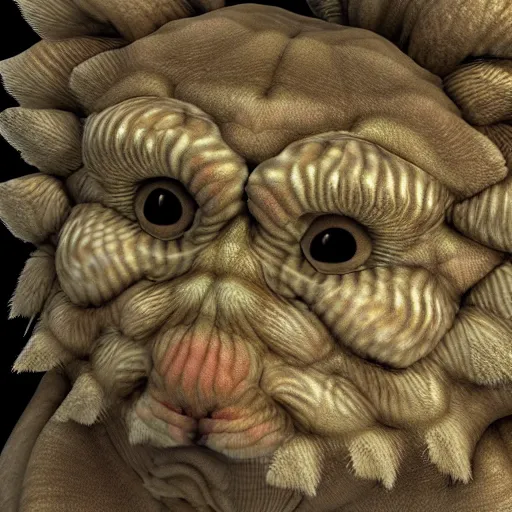 Image similar to a photo of a head animal morphing creature, gills morph scales merged in fur skin, wrinkled skin, normal map, displacement map, distorted animal head face eyes arms tail