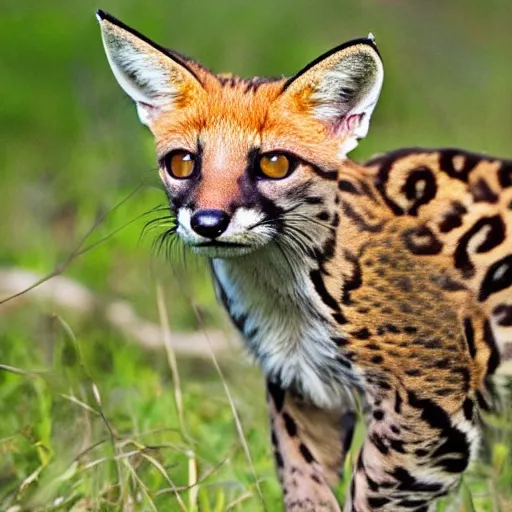 Prompt: a photograph of an ocelot and fox hybrid