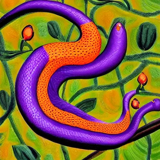 Image similar to a orange and black snake in a purple field realistic painting highly detailed