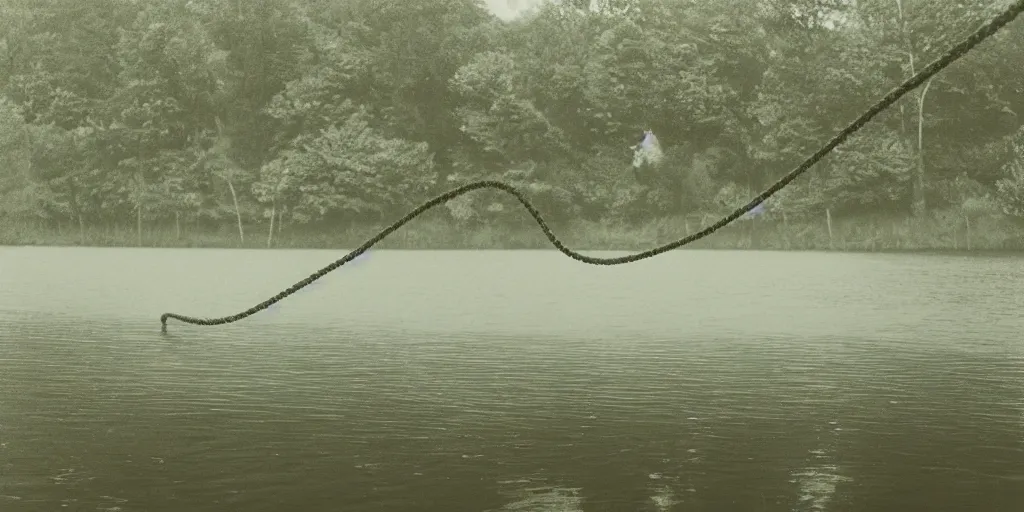 Image similar to symmetrical photograph of an infinitely long rope submerged on the surface of the water, the rope is snaking from the foreground towards the center of the lake, a dark lake on a cloudy day, trees in the background, dreamy kodak color stock, anamorphic lens