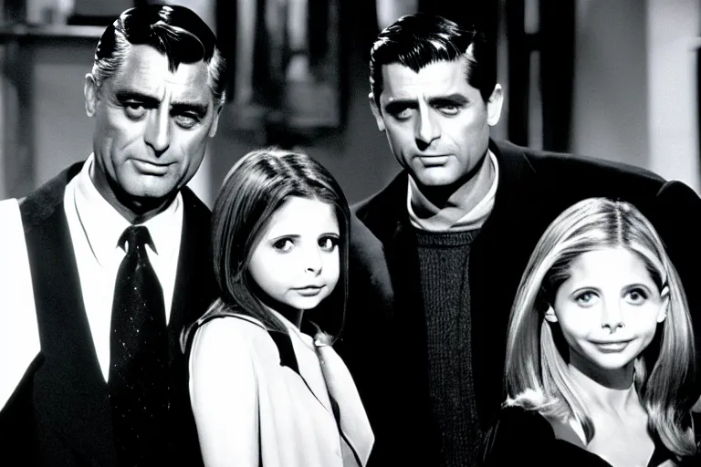 Image similar to cary grant as giles in buffy the vampire slayer, along side sarah michelle gellar 1 9 9 8