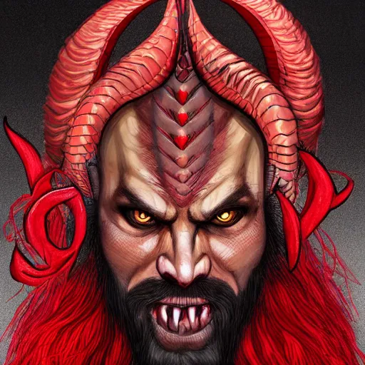 Image similar to dnd style portrait of a tiefling, male, red scales, red skin, a big black beard, completely golden eyes, 2 black ram horns growing out of his forehead,