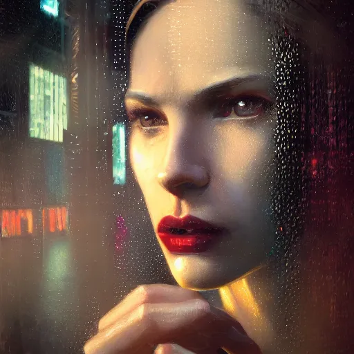 Image similar to detailed face of a woman, moment, cyberpunk cloisters, electronic billboards, tech noir, wet reflections, atmospheric, ambient, pj crook, livia prima, greg rutkowski, edward hopper