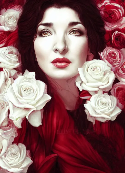 Image similar to portrait of kate bush against a red velvet background, lush black hair, pale skin, white roses, flowing material, intricate, beautiful cinematic lighting, stuning painting by artgerm and caravaggio and android jones