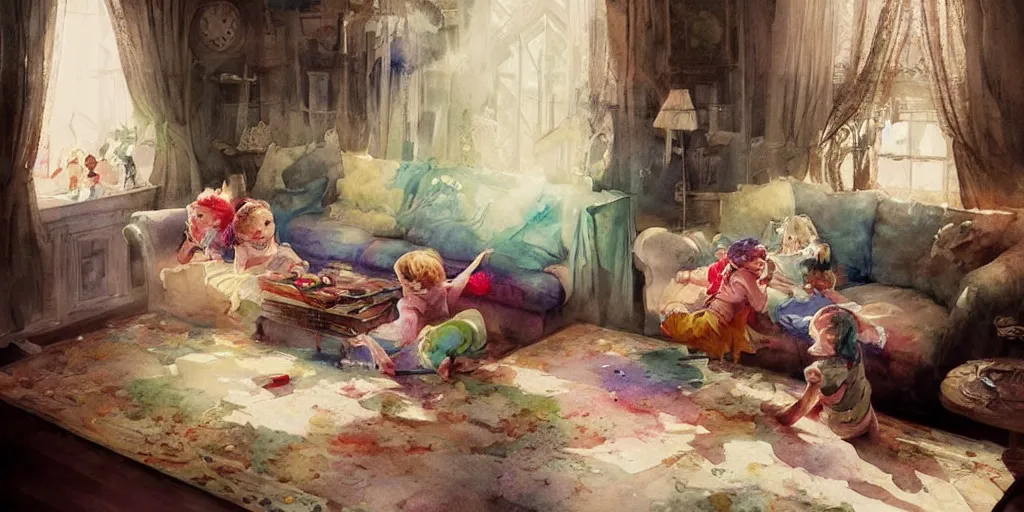 Prompt: a beautiful insanely intricate watercolor illustration of childs playing in a living room, colorfull, by william turner art, by greg rutkowski, by james jean, by rossdraws, by frank franzzeta, by sakimichan, by edmund dulac, trending on artstation, insanely detailed, masterpiece,