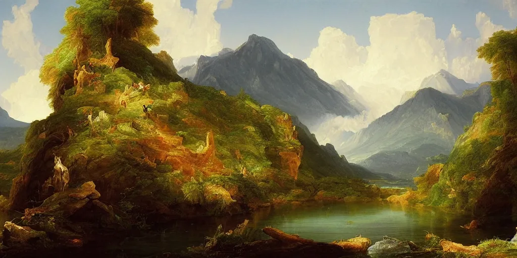 Image similar to a stunning painting of a mountain vista with a river flowing to a lake and forest, by thomas cole, oil on canvas, highly detailed, 4 k, hd