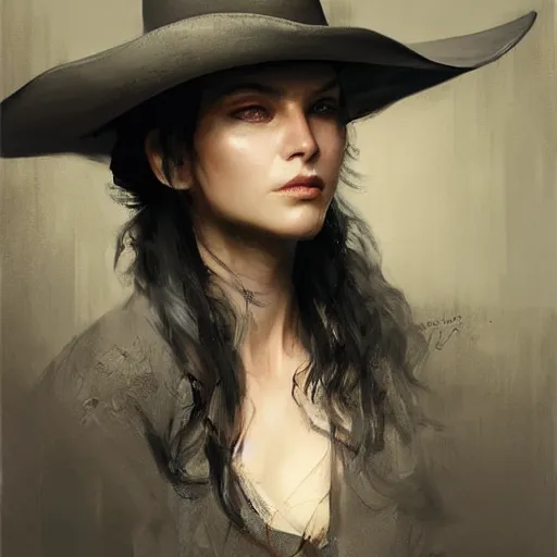 Prompt: portrait of a woman with a long duster, almost grey hair and a cowboy hat, harsh good looking face, drawn by Ruan Jia, fantasy art, dramatic lighting, digital art,highly detailed