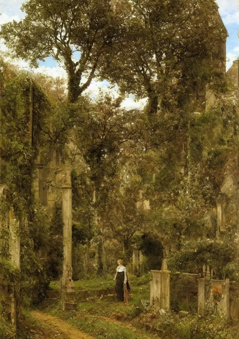 Image similar to a giant knight in rusty armour walks through a cemetery on a path by a church in manchester england, overgrown, weeds and ivy on the graves, an old twisted tree, a tall stone wall, lawrence alma-tadema