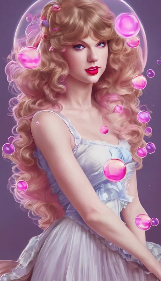 Image similar to portrait of Taylor Swift as a magical lolita girl, dreamy and ethereal, expressive pose, big pink eyes, peaceful expression, ornate frilly dress, fantasy, intricate, elegant, many rainbow bubbles, rose tones, highly detailed, digital painting, artstation, concept art, smooth, sharp focus, illustration, art by artgerm and greg rutkowski and alphonse mucha