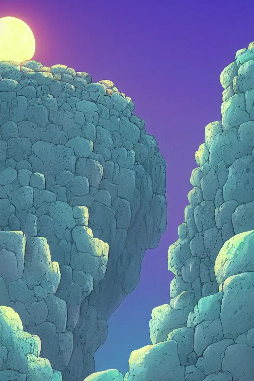 Image similar to stone wall stretching to the sky at the edge of the world, 4 k digital paint by studio ghibli hayao miyazaki. vivid colours, vaporwave lighting style, very sharp and detailed. trending on artstation and behance.