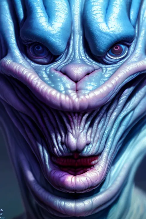 Image similar to hyperrealistic close-up pastel rococo alien! highly detailed concept art eric zener elson peter cinematic hard blue lighting high angle hd 8k sharp shallow depth of field, inspired by David Paul Cronenberg and Zdzisław Beksiński