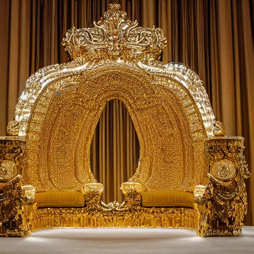 Image similar to shining majestic throne made of millions of diamonds, gold and zaphires with thousands of light reflections