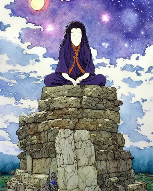 Image similar to a hyperrealist studio ghibli watercolor fantasy concept art of a giant long haired grey witch in lotus position sitting on top of stonehenge with a starry sky in the background. a group of tiny monks are prostrating them themselves. by rebecca guay, michael kaluta, charles vess