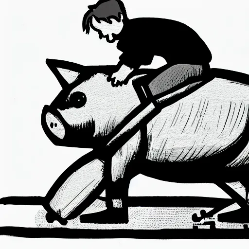 Prompt: small young boy riding large fat pig, black and white, comic book style, line art