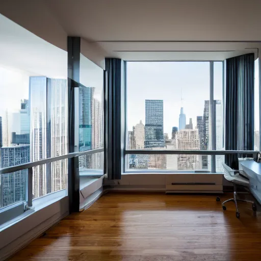 Prompt: Interior of a bright apartment with a desk and window looking south into midtown Manhattan, Nikon D810 | ISO 64 | focal length 20mm (Voigtländer 20mm f3.5) | Aperture f/9 | Exposure Time 1/40 Sec