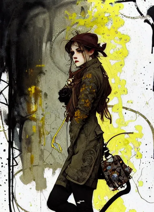 Image similar to highly detailed portrait of a moody sewerpunk young adult lady with a harris tweed holdy by krenz cushart, by artem demura, by alphonse mucha, by kaethe butcher, gradient yellow, black, brown and cyan color scheme, grunge aesthetic!!! ( ( graffiti tag city background ) )