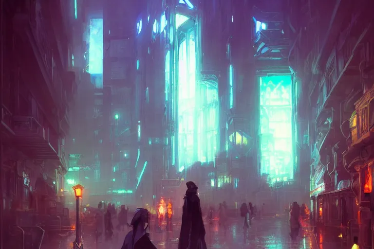 Image similar to Hogwarts cyberpunk city, neon lighting, night city, digital art from artstation by Ruan Jia and Mandy Jurgens and Artgerm and william-adolphe bouguereau and Greg Rutkowski and Wayne Barlowe