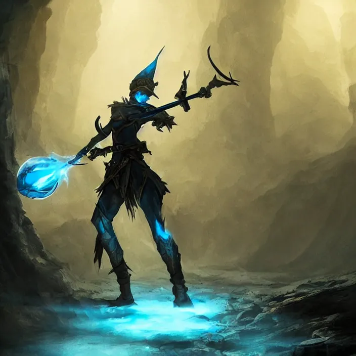 Image similar to an elf ranger in silhouette in a cave with weapons drawn facing a glowing blue orb, fantasy concept art, trending on artstation, video game concept art, highly detailed, cinematic lighting, digital art, dark fantasy, rendered in unreal