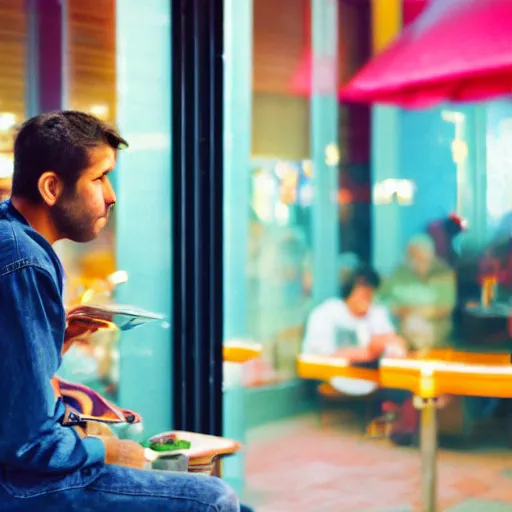 Prompt: a photo of a man sitting outside a crowded restaurant, he is staring at a computer screen, pastel background colours and square lighting structures in the background. 2 0 0 mm, bokeh, kodak ektar 1 0 0, portrait photography,