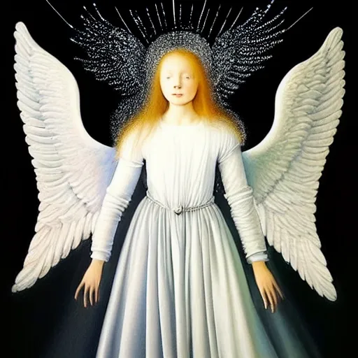 Image similar to highdetailed hyperrealistic painting of white angel!!! no gender smiling noface!!!, light instead of hands, white sparkles everywhere, 4 k hd face!!!, big silver high detailed wings!!!, renaissance, by jan van eyck, holography space, glow effect, large strokes, monochrome!!!!!