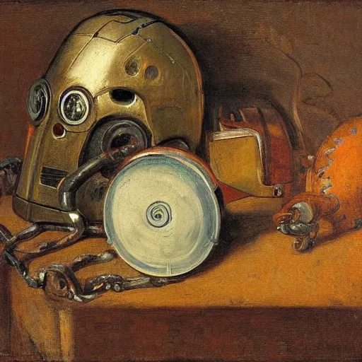 Image similar to A still life of a rusty robot, Pieter Claesz, William James Glackens, (chains), ((gears)), helmet, Iron man