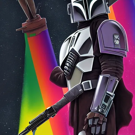 Prompt: the mandalorian's cape is a rainbow pride flag by ilya kuvshinov katsuhiro otomo