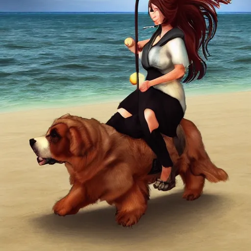 Image similar to girl riding a giant saint Bernard at the beach playing fetch, trending on artstation