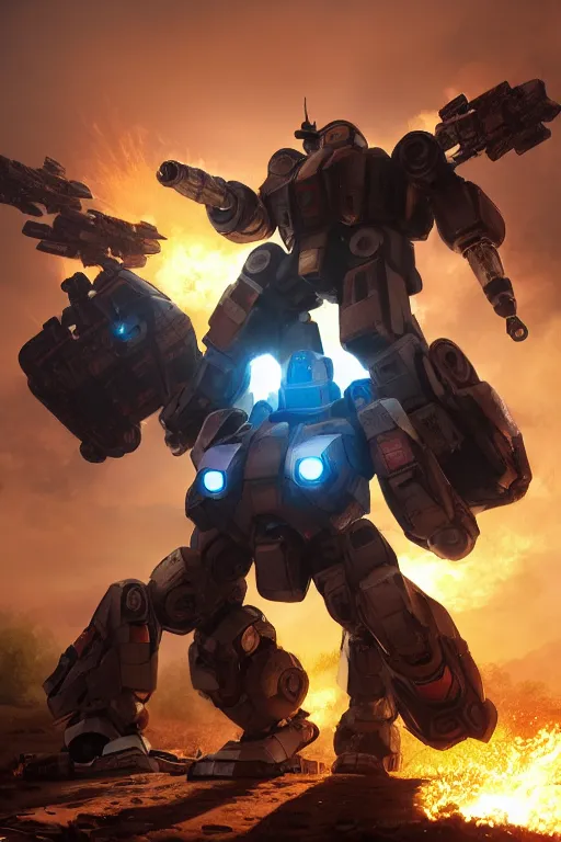 Image similar to mechwarrior 5 : mercenaries mech megaman transformer robot boss tank engine game octane render, 4 k, hd 2 0 2 2 3 d cgi rtx hdr style chrome reflexion glow fanart, global illumination ray tracing hdr fanart arstation by sung choi and eric pfeiffer and gabriel garza and casper konefal pixar and disney unreal zbrush central hardmesh