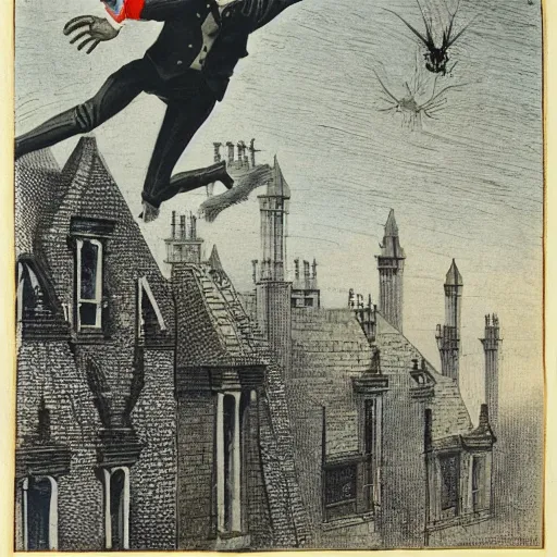 Image similar to spring-heeled jack, aristocrat devil jumping over the roofs of victorian london, by max ernst