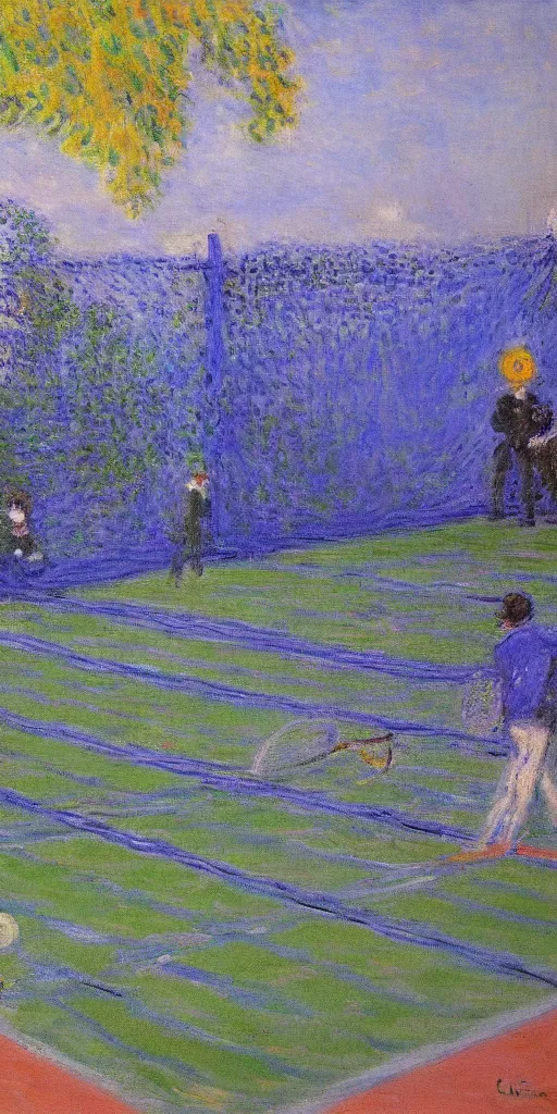 Image similar to tennis court, art by claude monet, impressionism, oil painting, bright colors, advertising painting