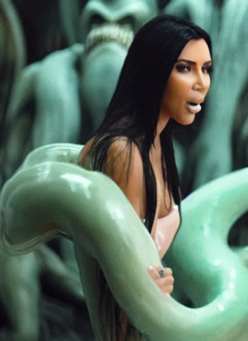 Image similar to film still of kim kardashian ingesting alien slime from the mouth of an xenomorph, transparent goo, transparent liquid, saliva, 8 k