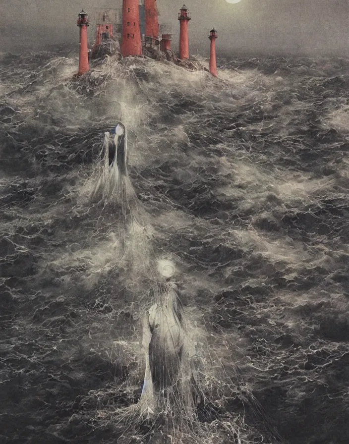 Image similar to worshippers in tattered robes belonging to the cult of the lighthouse standing in waves, a lighthouse, high detailed beksinski painting, part by adrian ghenie and gerhard richter. art by takato yamamoto. masterpiece, deep dark colours