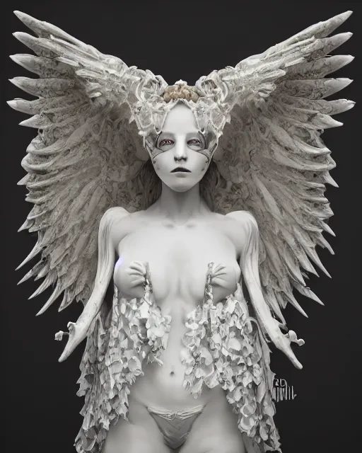 Prompt: angel of death by billelis, ivory rococo frontal view, gothic decor room,beautifully lit, hyper detailed, lighting, neon, 4k, micro details, 3d sculpture, structure, 30% pearlescent detailing + punk + magical + symmetrical