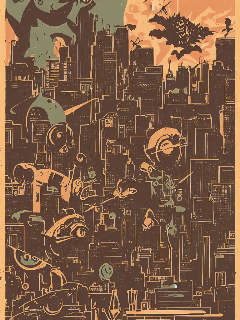 Prompt: tierra connor style poster illustration of a large retro science moster battle above the city, vintage muted colors, some grungy markings