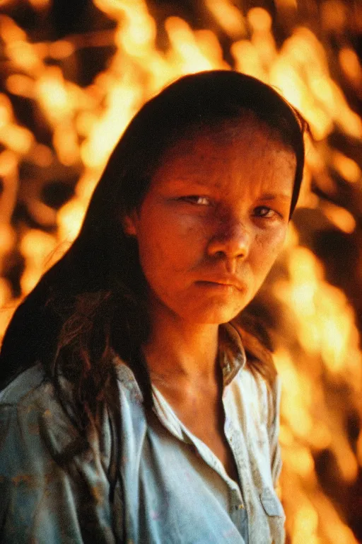 Image similar to close up portrait photography of a woman with bright eyes standing in front of forest fire, 35mm, film photo, steve mccurry