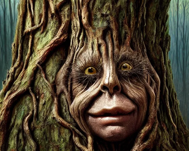 Image similar to a talking tree, a face in the bark, mouth in the bark, nose made of wood, eyes in the bark, fantasy concept art, digital painting, oil painting, hyperrealistic, beautiful, treebeard, ent, magical, highly detailed, soft lighting, very detailed eyes, artstation, cgsociety, in the forest, by alan lee, by artgerm