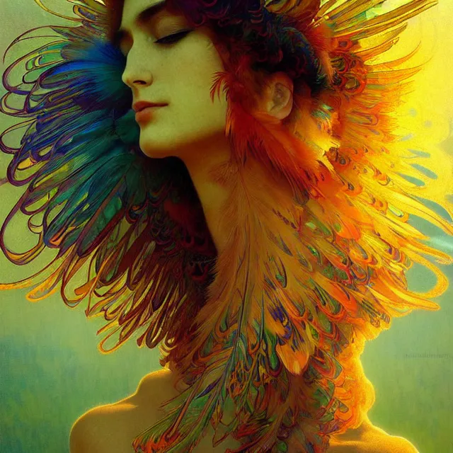 Image similar to face of young psychedelic transcendent feather mind bending psychedelic wings of glossy liquid honey flowing like kaleidoscopic translucent holograph, lsd feathers, feathery fluff, enlightenment, high contrast dappled lighting, refracted sunset, highly detailed, concept art, art by collier, albert aublet, krenz cushart, artem demura, alphonse mucha