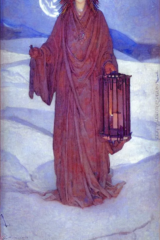 Image similar to queen of the winter with her lantern, by Annie Swynnerton and Nicholas Roerich and jean delville, dramatic cinematic lighting , ornate headdress , flowing robes, lost civilizations, smooth, sharp focus, extremely detailed