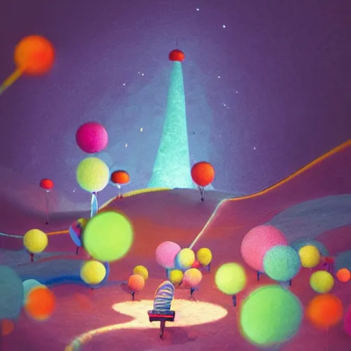 Prompt: a matte digital painting of candyland at night, bokeh, bright colours, watercolor, volumetric crayon felting, macro photography, children illustration, by goro fujita
