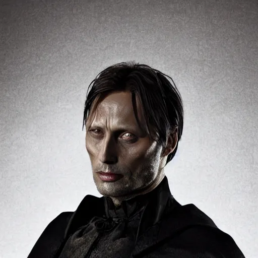 Prompt: mads mikkelsen as a vampire, male, late - 4 0 s aged, shoulder length hair, slicked black hair, red eyes, clean shaven, wearing a cape, regal, royal, grim facial expression, high medieval fantasy, full color digital art, cinematic shot, portrait, wide shot.